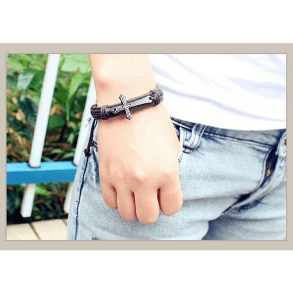 Genuine Brown Leather Cross Unisex Bracelet - Picture 1 of 4